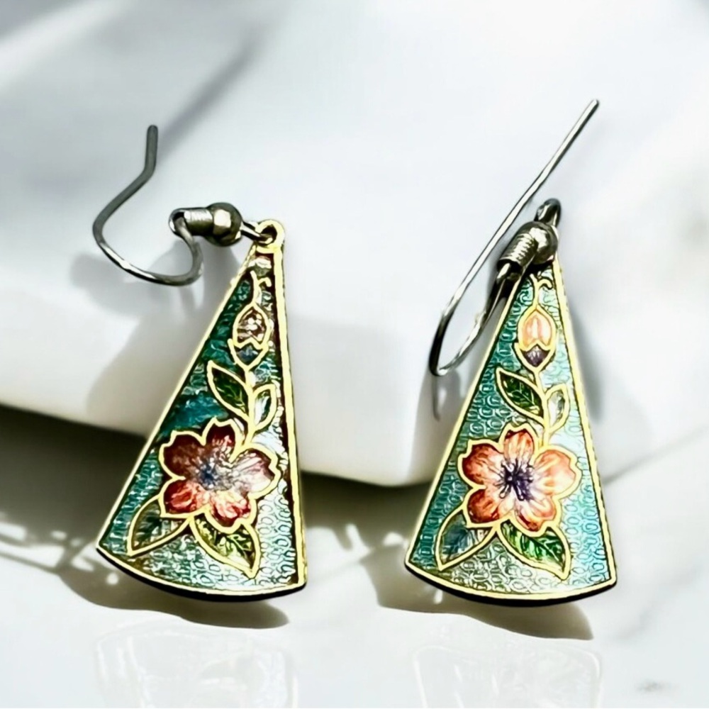 Vintage Late 20th-Century Cloisonné Triangle Drop Earrings